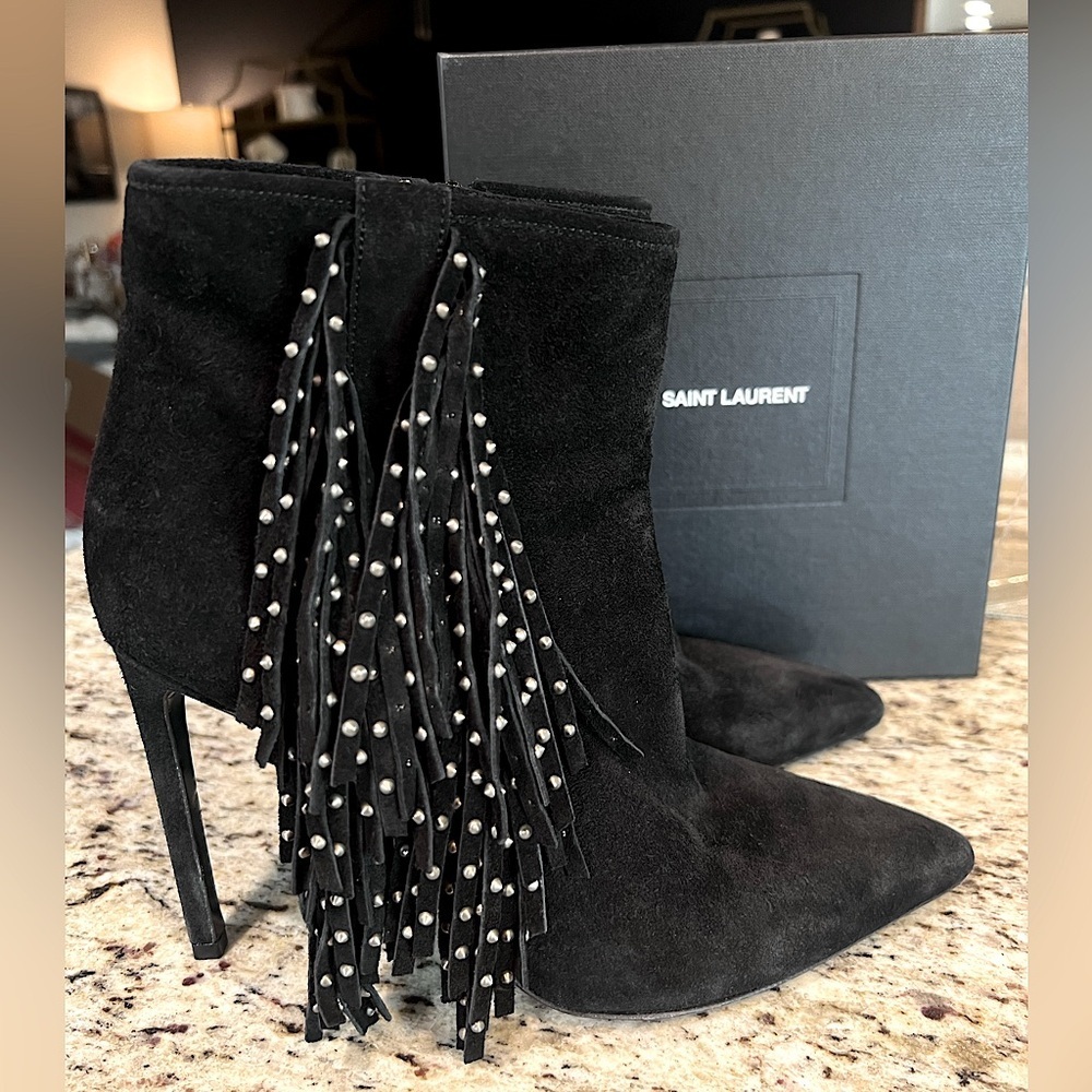 Saint Laurent Black Suede Leather Studded Fringe Trim High Heel Booties EU 39.5 - Picture 3 of 11